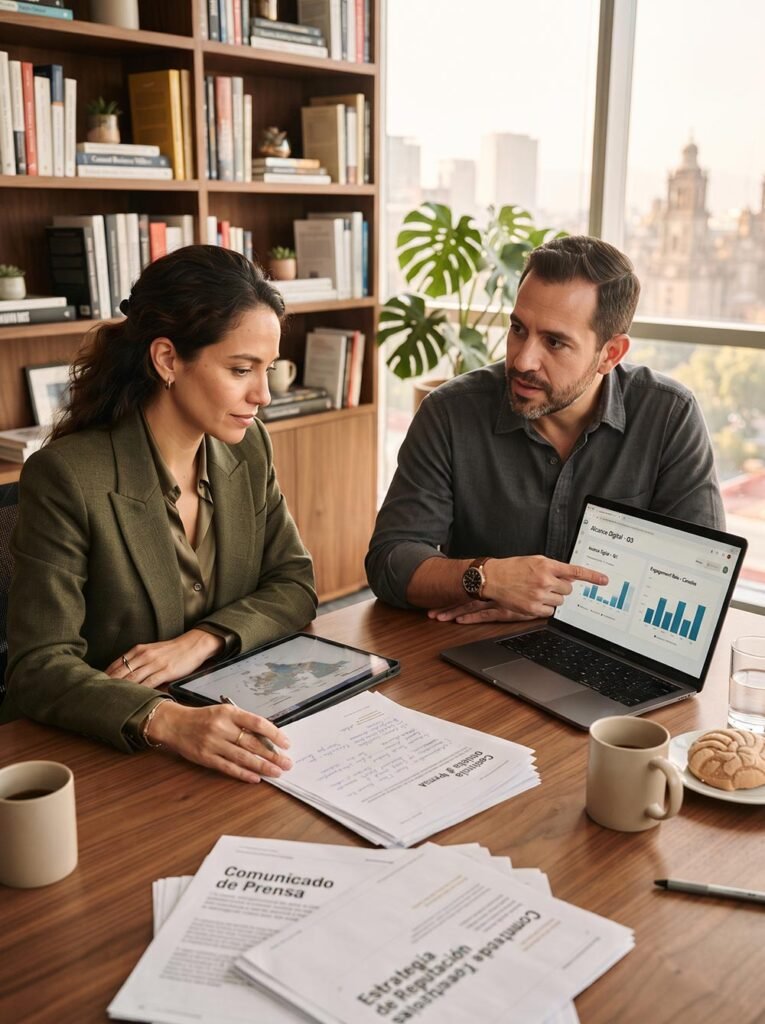 Estratega y especialista digital revisando proyectos de comunicación integral y posicionamiento empresarial.