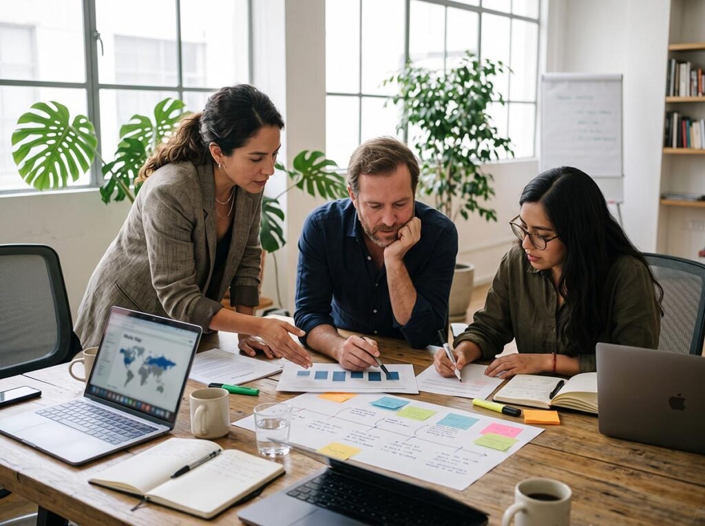 Equipo de consultores de relaciones públicas analizando una estrategia de comunicación corporativa y narrativa de marca.