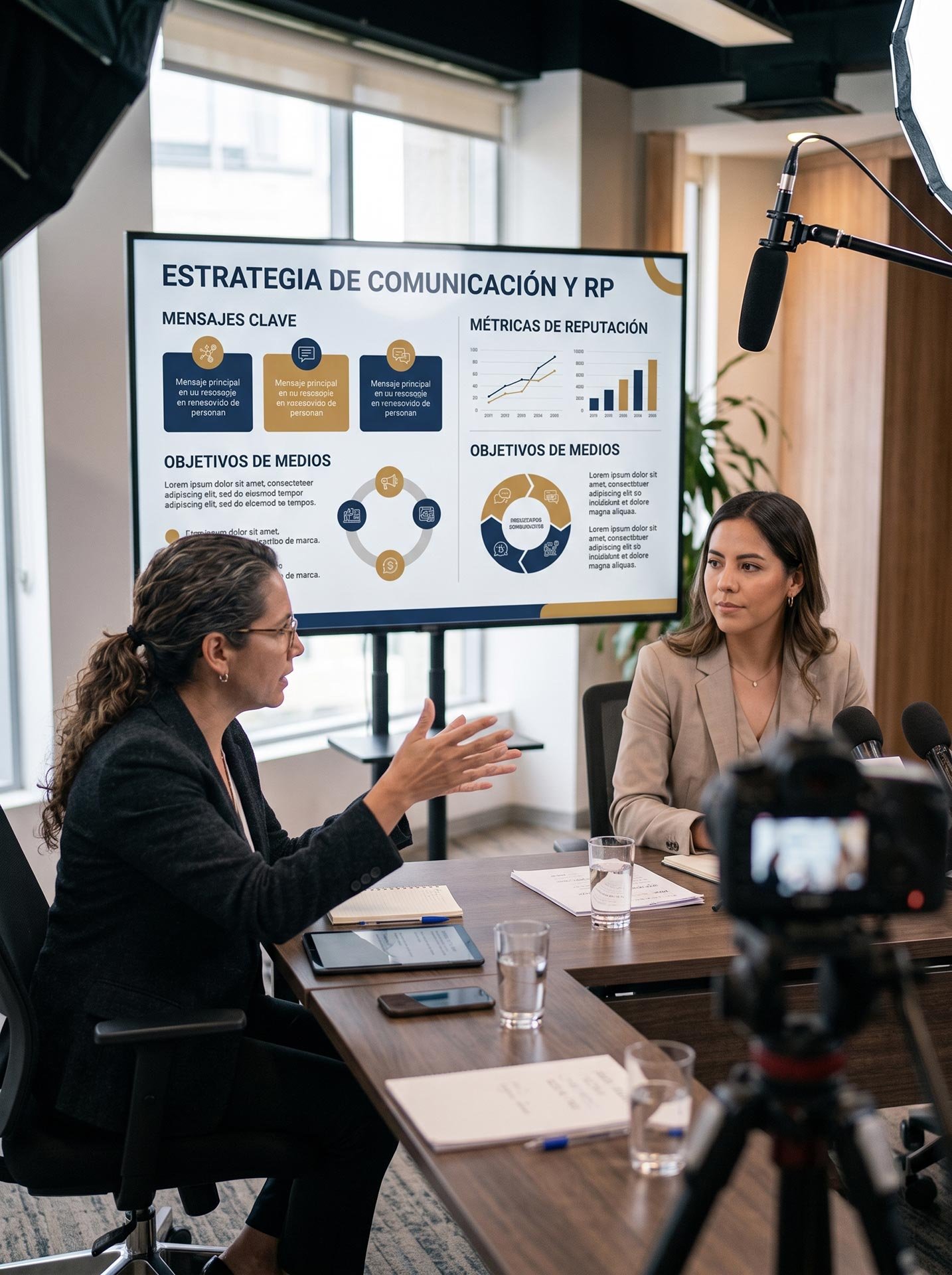Periodista impartiendo media training a vocera corporativa apoyada en pantalla con infografía estratégica.